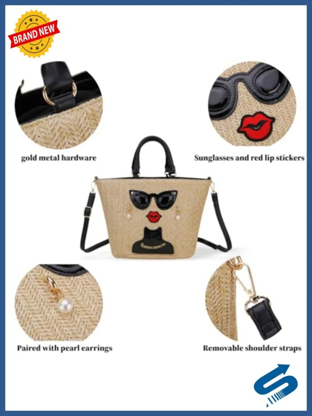 Funky Lady Face Straw Tote Bag Woven Top Handle Satchel Crossbody Purse